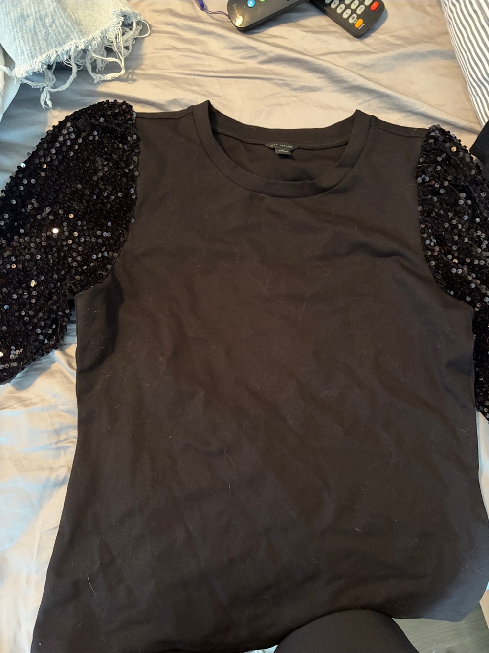 Ann Taylor Black Tee with Sequin Puff Sleeves